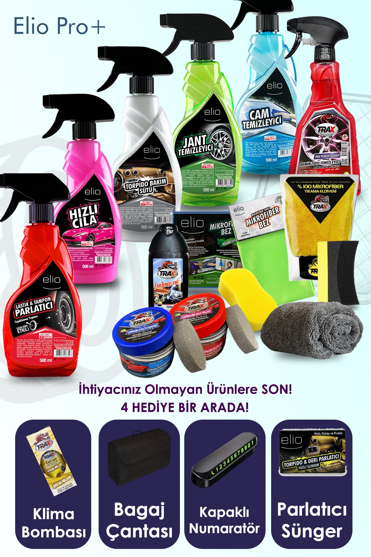 Medre Shop™ Elio Pro Oto Bakım Seti Profesyonel 15’li Paket 4 Hediye